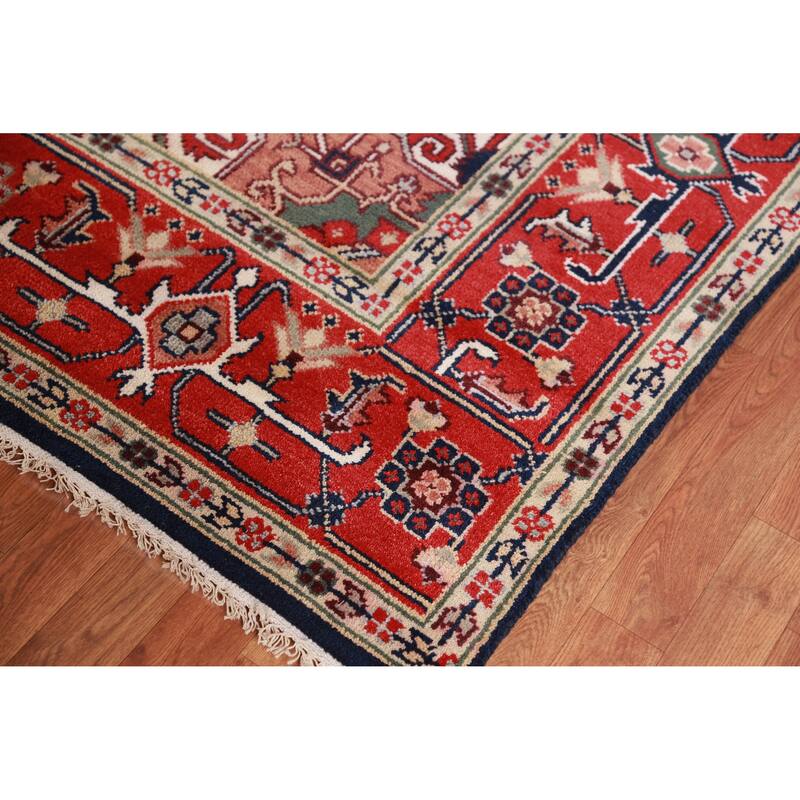 Hand Knotted Oriental 100% Wool Carpet Traditional Medallion Navy Blue & Blues Heriz (serapi) Area Rug - 9' 10'' X 8' 2''
