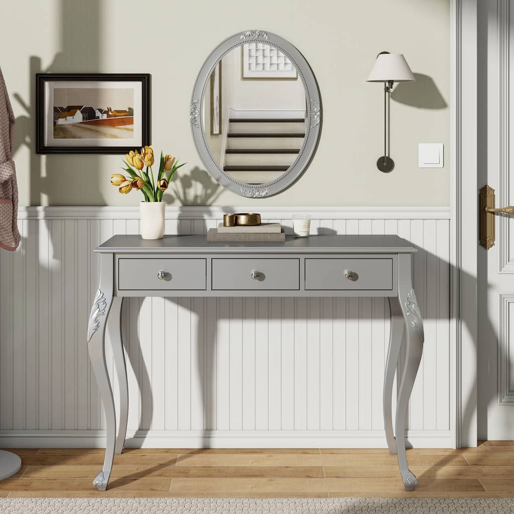 3-Drawer Makeup Vanity Table and Oval Mirror Set for Bedroom