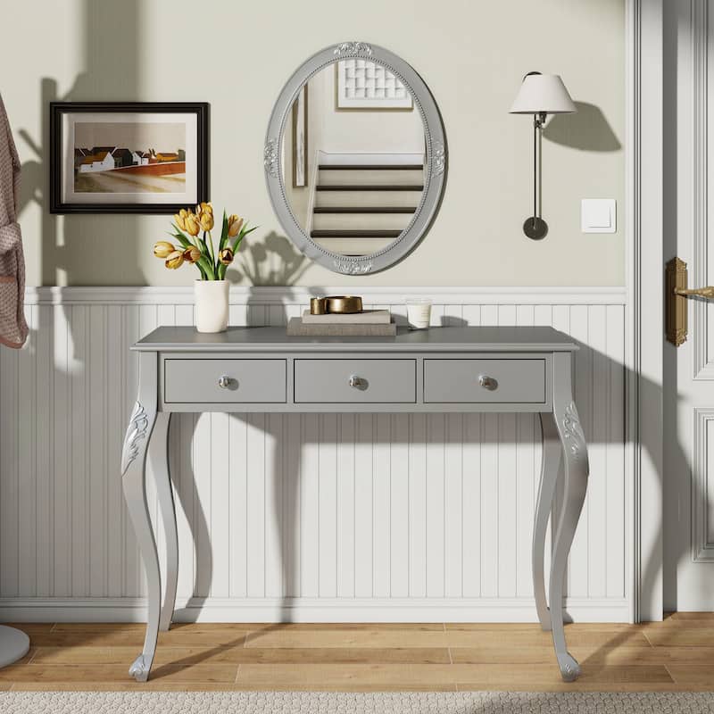 3-Drawer Makeup Vanity Table and Oval Mirror Set for Bedroom - Silver
