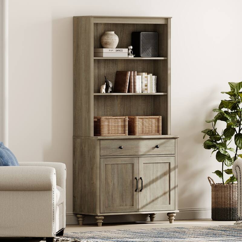 Wash Gray Bookcase with Doors, Large Wood Farmhouse Book Case Shelf - wash grey