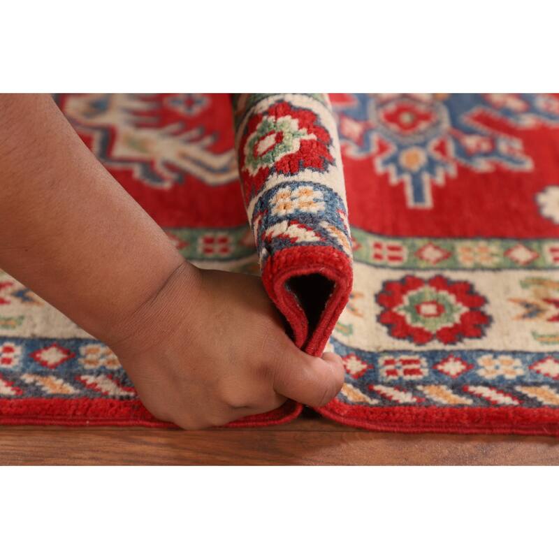 Geometric Red Kazak Foyer Rug Hand-Knotted Wool Carpet - 2'10" x 4'3"