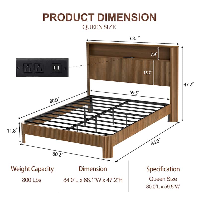 Queen Size Bed Frame With Storage Headboard, Built-In Charging Station, Wavy Curved Lines Design, Silent Operation