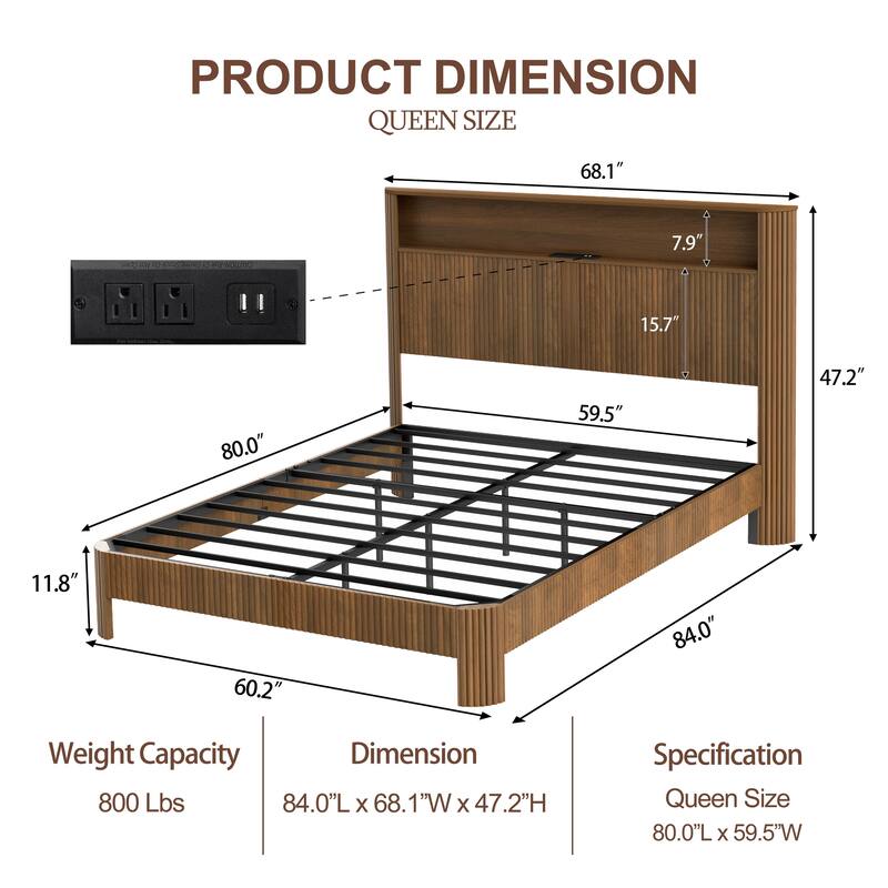 Wooden Bed Frame with Metal Slat, Noise Free, Modern Low Profile Platform Bed with Storage Headboard and Charging Station