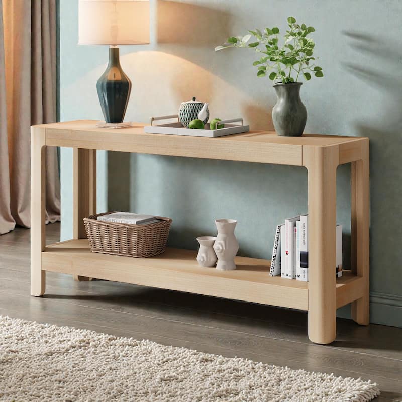 Modern Farmhouse Console Table with Solid Wood Veneer Top and Rounded Corners, Minimalist Entryway Table for Living Room