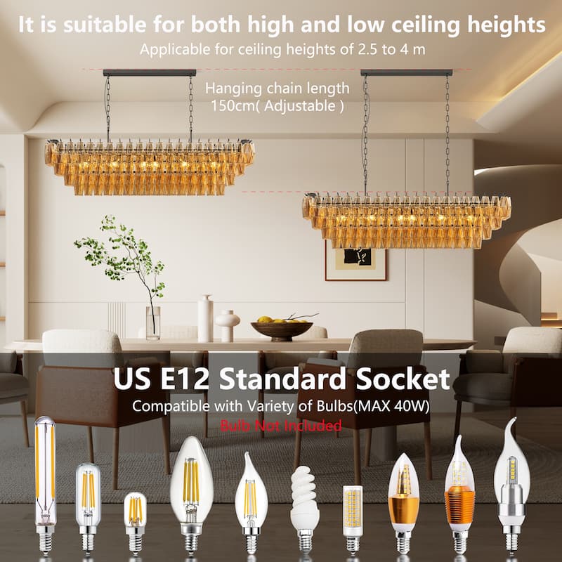 Anmytek 54" Black 12-Light Smoke Glass Chandelier Modern Farmhouse Lighting for Dining Room Kitchen Island