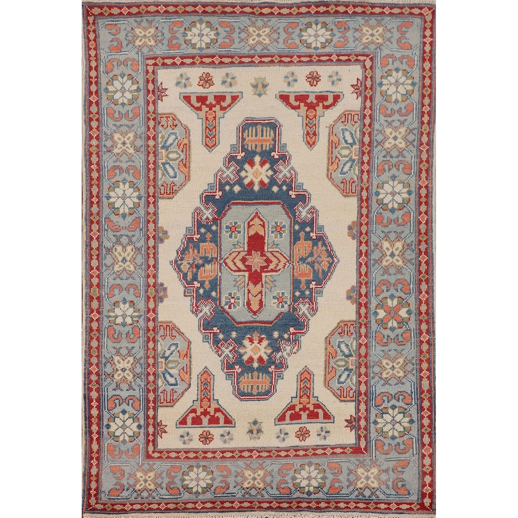 Ivory Geometric Kazak Foyer Rug Handmade Wool Carpet - 3'6" x 5'3"