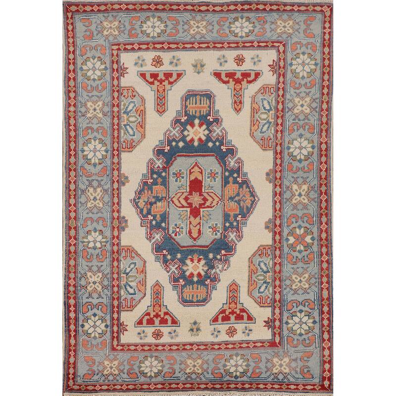 Ivory Geometric Kazak Foyer Rug Handmade Wool Carpet - 3'6" x 5'3"