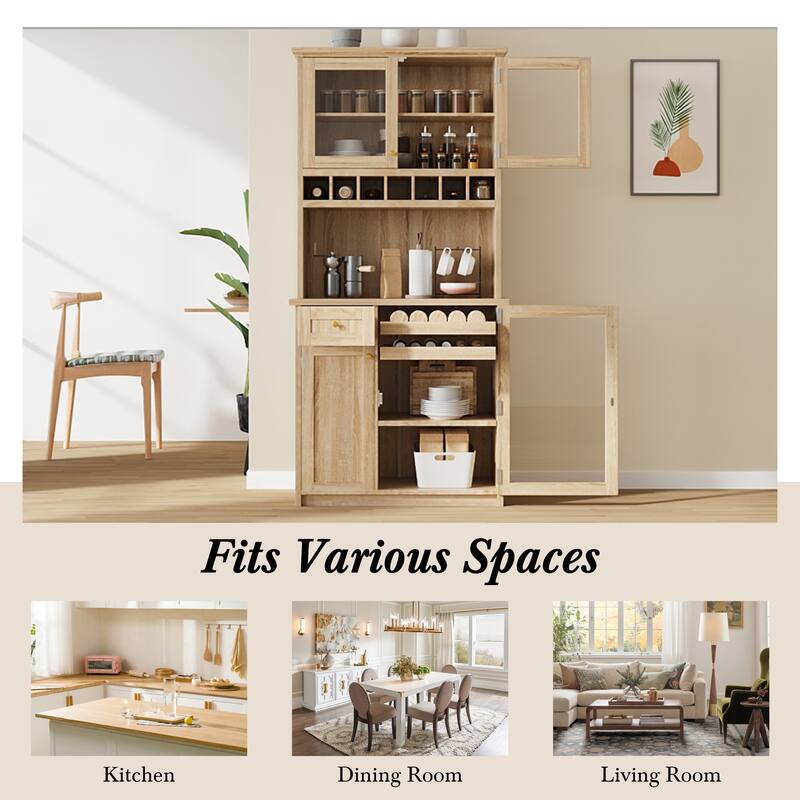 Roomfitters Farmhouse Kitchen Pantry Buffet Hutch with Wine Rack and Glass Doors, Tall Storage Cabinet