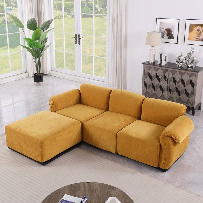 93" L-Shaped Modular Chenille Sectional Sofa with Movable Ottoman - Yellow