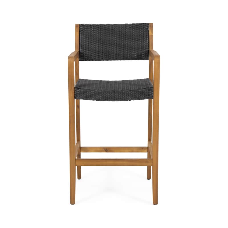 Roomfitters 2-Piece Outdoor Wood Bar Stools, Woven Wicker Patio High Dining Chairs with Armrests and Footrest, Black