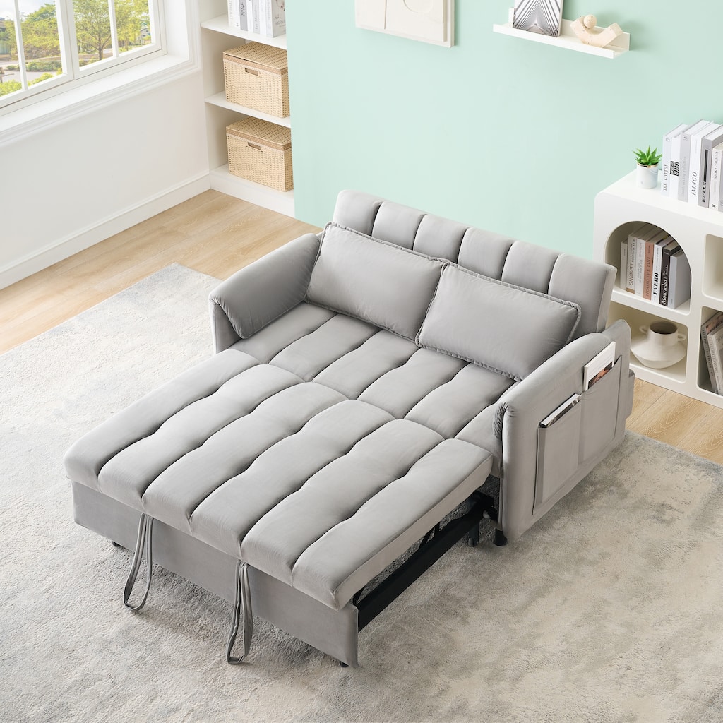 Modern Velvet Sofa, Sofa Pullout Bed, Small Love Seat Casual Sofa With Back, Pillow, Pockets, 3 In 1 Convertible Sleep Sofa Bed