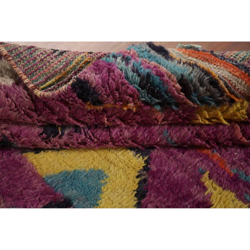 Purple Geometric Plush Moroccan Area Rug Handmade Wool Carpet - 6'1" x 9'9"