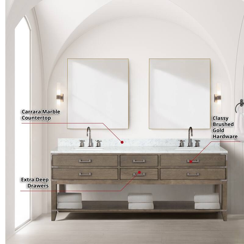Lexora Norwalk Bath Vanity, Carrara Marble Top, Faucet Set, and Mirror