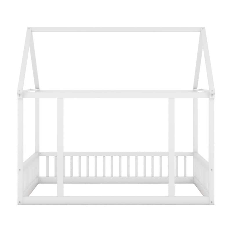 House Floor Bed with House Roof Frame and Safety Guardrails, Twin/Full Size Wooden Floor Montessori Bed House Bed for Kids