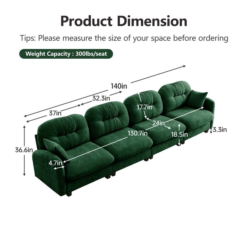 Sectional Sofa with Tufted Backrest, Chaise Lounge Sofa with 2 Throw Pillows, Four-Seater Recliner Sofa for Living Room