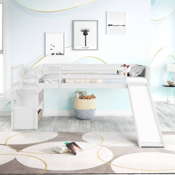 slide 2 of 16, Kids Twin Size Low Loft Bed with Slide, Drawer and Storage Stairway White - Twin