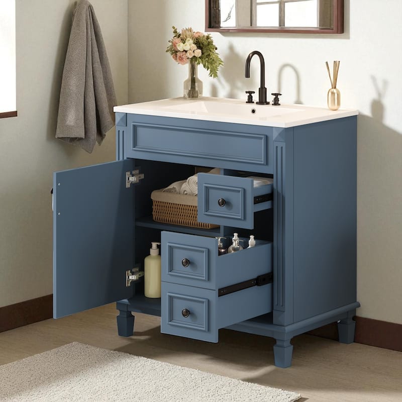 30" Bathroom Vanity with Ceramic Sink Combo, Modern Small Bathroom Storage Cabinet with Drawers & Adjustable Shelf