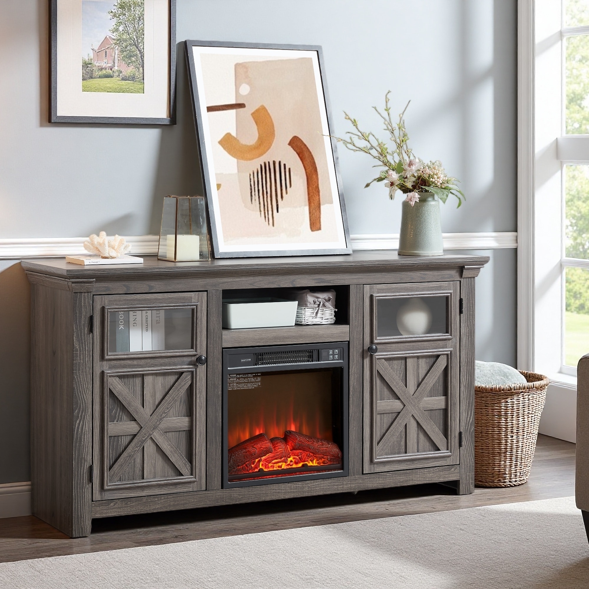 60" Modern Farmhouse TV Media Stand with 2 Doors Cabinet and 18" Electric Fireplace Insert, Barn-Style Entertainment Console