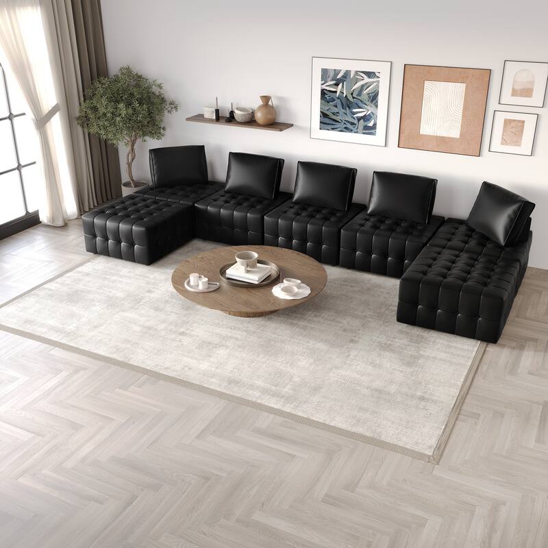 CraftPorch 7-Piece Elegance Button-Tufted PU Upholstered with Ottoman