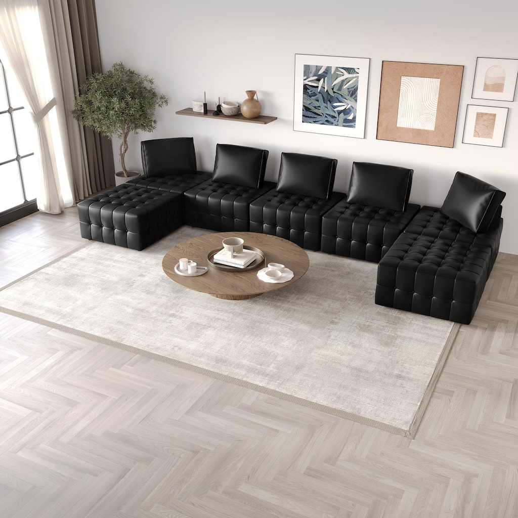 CraftPorch 7-Piece Elegance Button-Tufted PU Upholstered with Ottoman