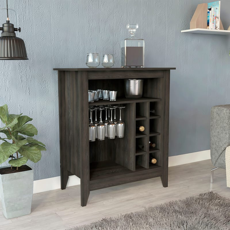 Essential Bar Cabinet, One Open Shelf, Six Built-in Wine Rack, One Drawer -Black