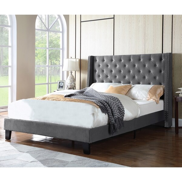 Mid Century Tufted Platform Bed with Nailhead Trim On Sale Bed