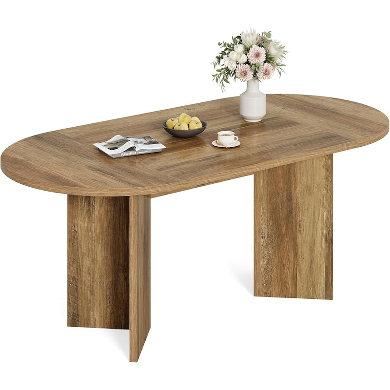 63 Inches Rustic Oval Dining Table, Sturdy MDF Farmhouse Kitchen Table with Metal Strip Base