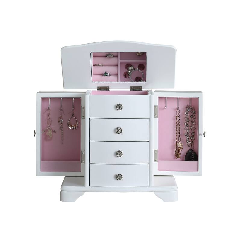 White Jewelry Box with Pink Velvet Lining，4 layer jewelry organizer box and attached 2 side doors