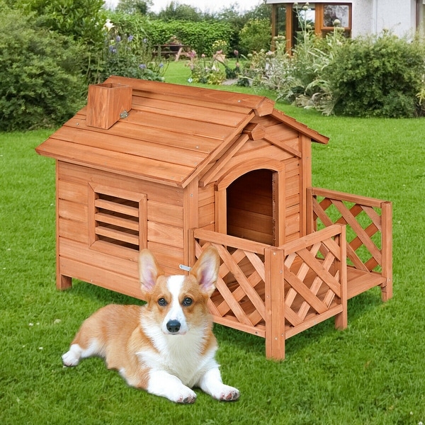 Gymax Wooden Pet Dog House Kennel Shelter Crates with Porch Window In Outdoor natural color Bed Bath Beyond 20341674