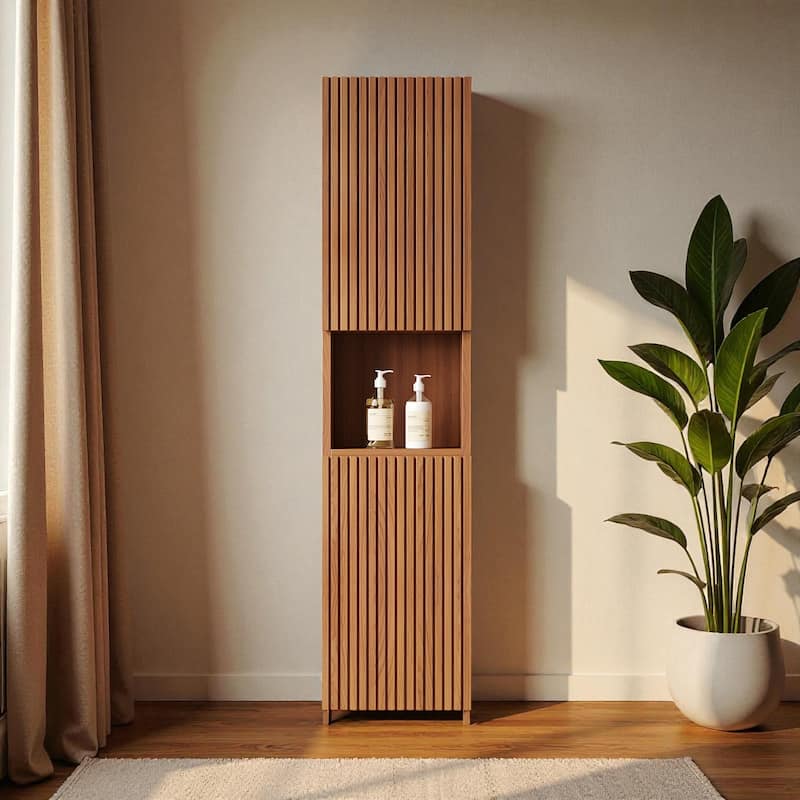 59" Tall Wall Mounted Bathroom Cabinet with Doors & Shelves, Narrow Waterproof Storage Cabinet for Small Spaces - Brown