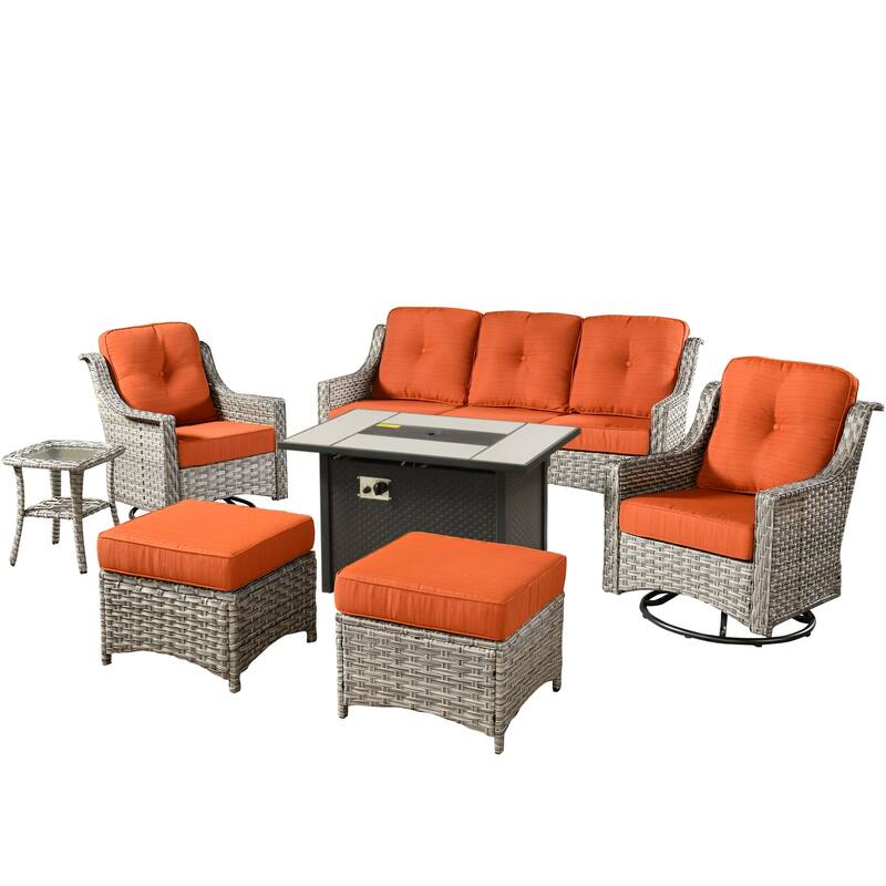 XIZZI 7-piece Patio Wicker Furniture High Back Chair Set with Firepit Table