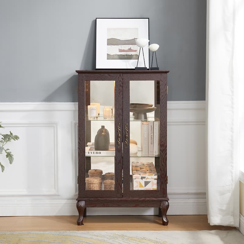 Lighted Display Cabinet with 2 Tempered Glass Doors and Adjustable Shelves