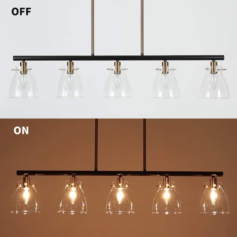 Modern 5-Light Black Gold Chandelier Linear Glass Island Lights for Dining Room - 38" L x 5" W x 8" H