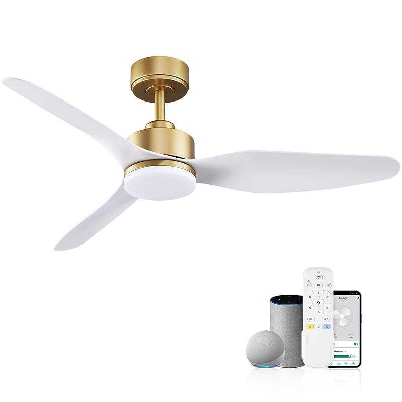 48 in. Smart Outdoor Indoor Gold White Ceiling Fans with LED Lights and Remote, WiFi Alexa App Workable, Quiet DC Motor - White+Gold
