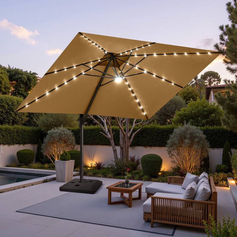 11 FT Aluminum Solar-Powered LED Light Patio Cantilever Umbrella with Base - Tan