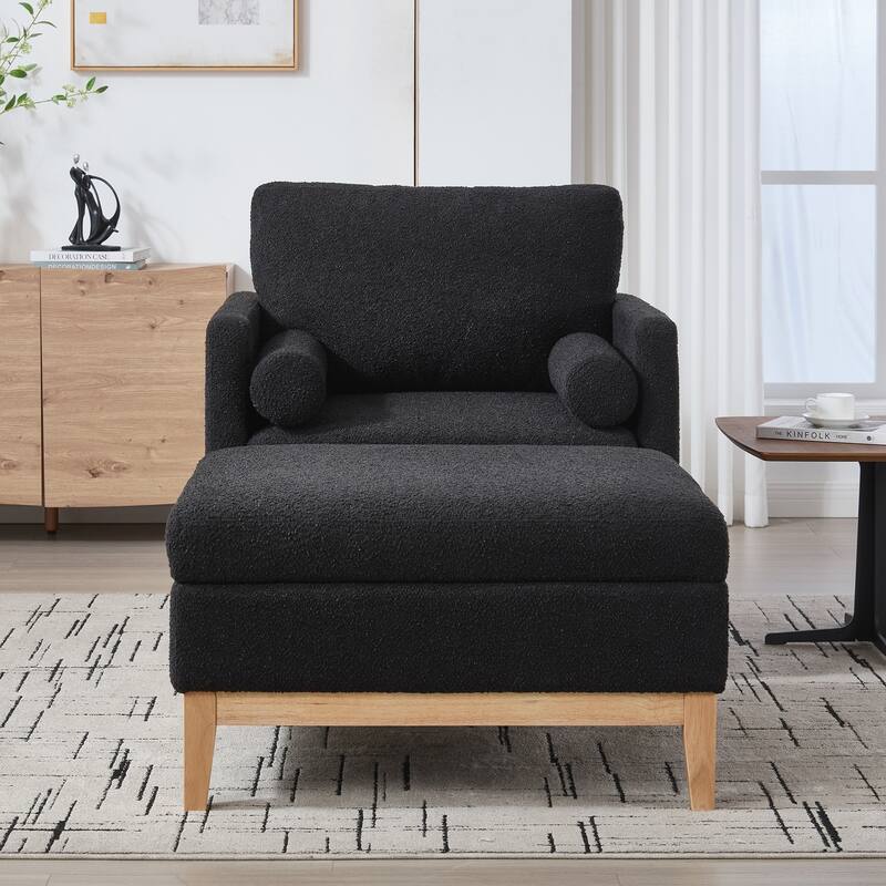 Upholstered Wood Base Square Accent Arm Chair with Ottoman