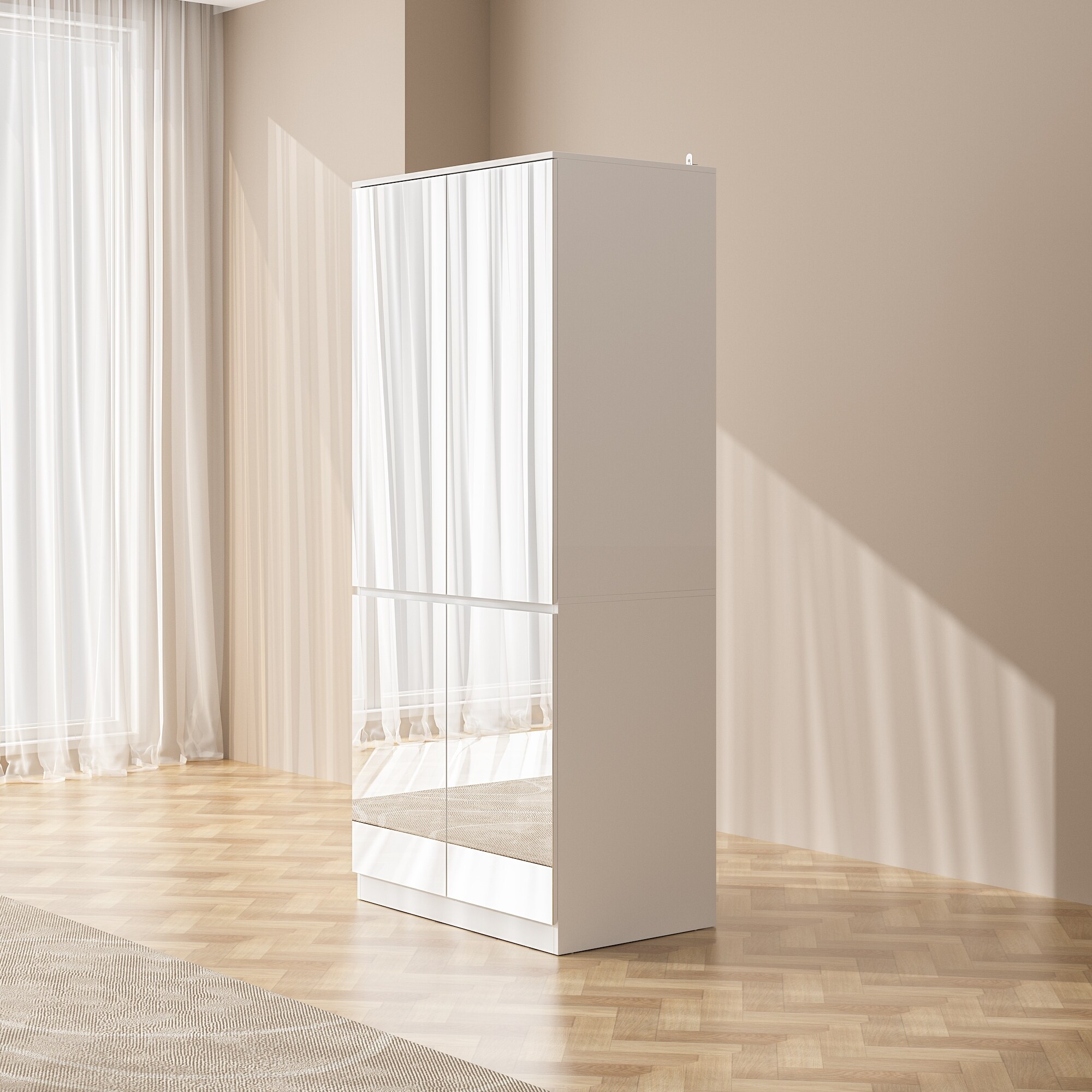 White Modular Wardrobe with Full Mirror Closet Cabinet Armoires  -image