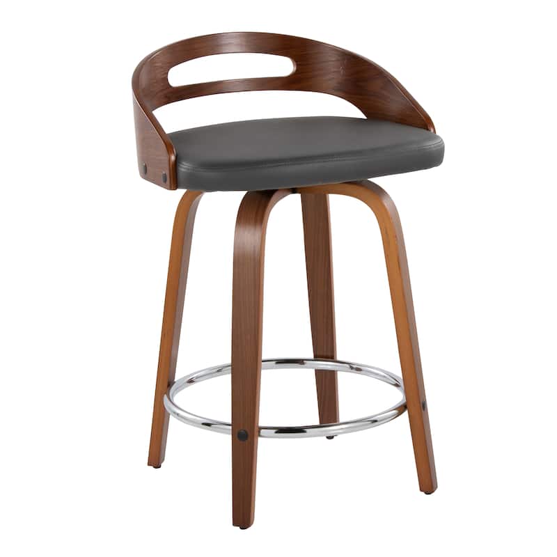 Carson Carrington Sadie 24" Fixed-Height Counter Stool with Bent Wood Legs & Round Footrest (Set of 2) - Grey PU/Walnut Wood/Chrome Metal