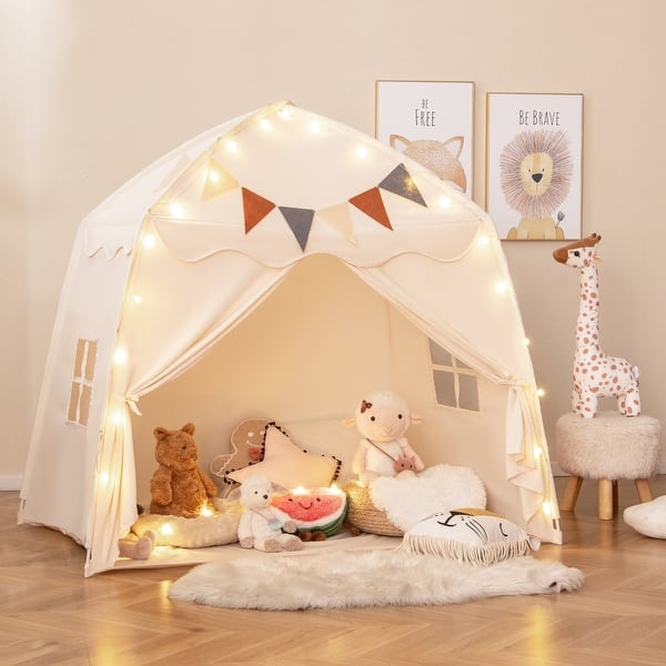 slide 2 of 8, Beige Extra Large Playhouse Tent with String Lights Perfect for 3 Kids - 62" x 38.5" x 58" (L x W x H) Kids
