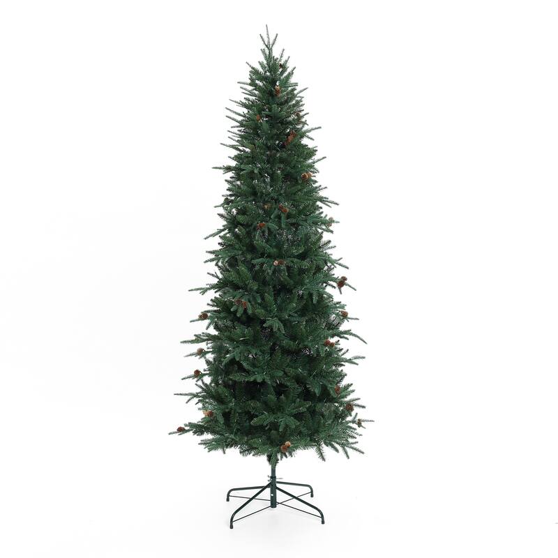 7.5Ft Pre-Lit Hinged Green Slender Artificial Christmas Tree with Pinecones - 90" H x 38" Diameter