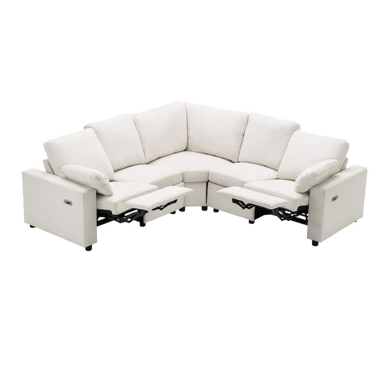 88.9" Linen Power Recliner Sectional 5-Seat Sofa with USB Ports and Storage Drawers
