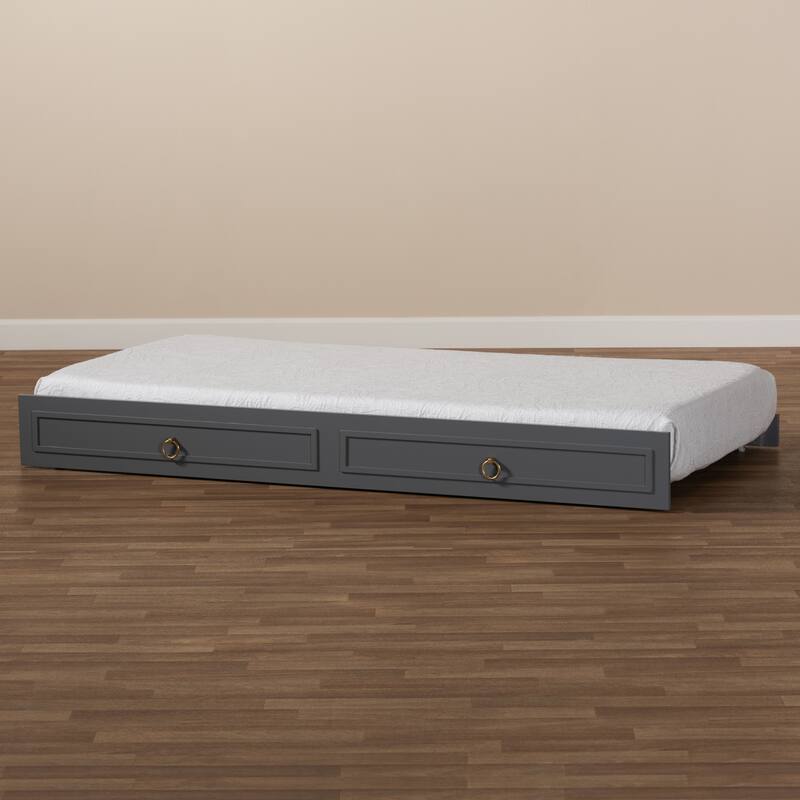 Twin Size Trundle Bed - Grey Wood Frame, Classic Design, Roll Out Guest Bed