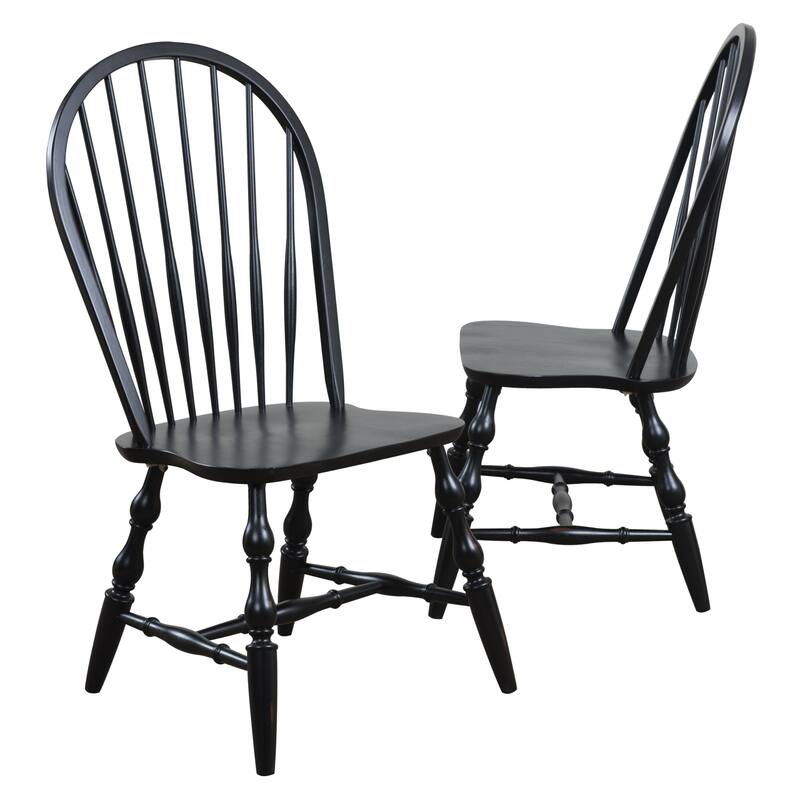 set of 2 antique black curved spindle back wooden dining chairs 41"