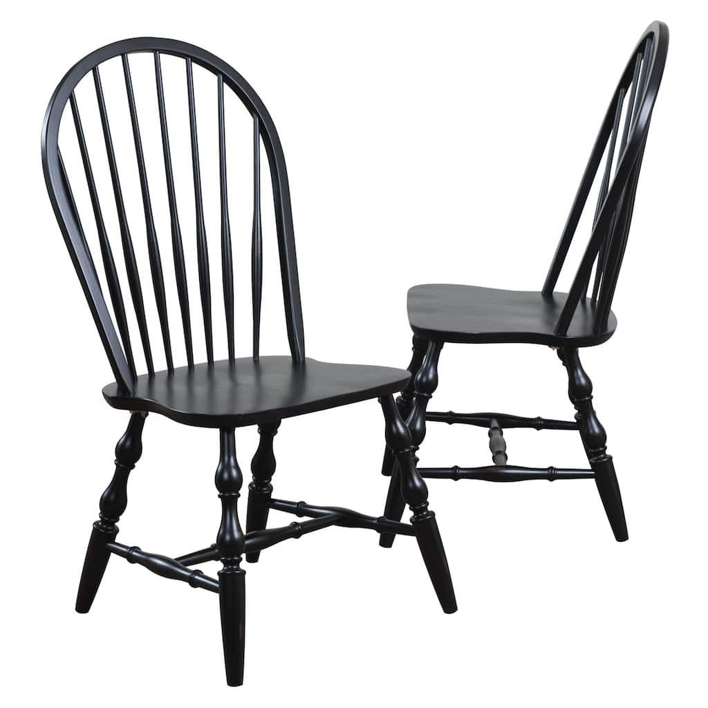 set of 2 antique black curved spindle back wooden dining chairs 41"