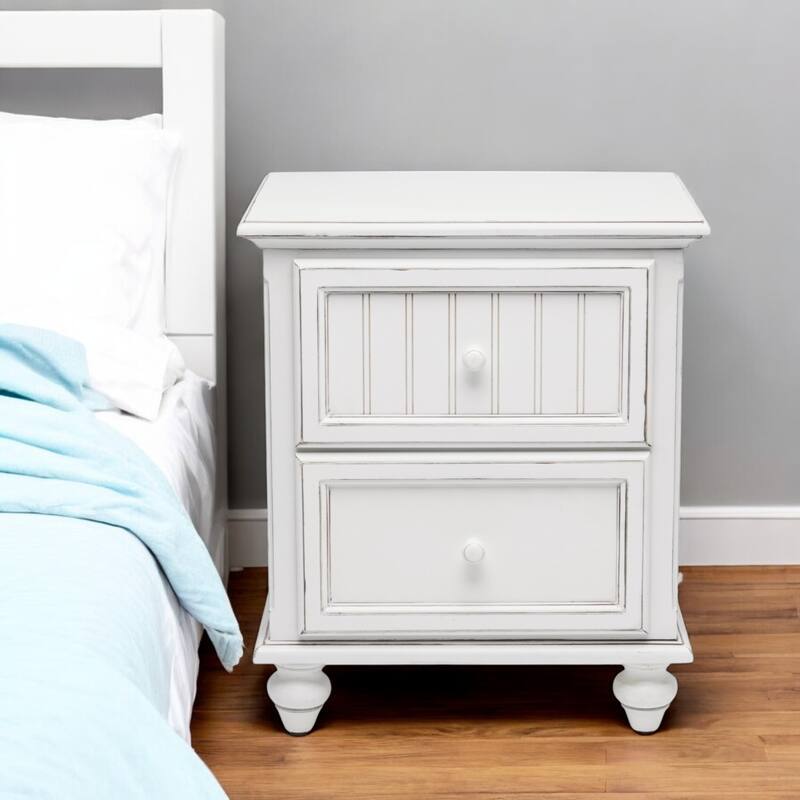 HomeRoots 28" White Solid Wood Distressed Two Drawer Nightstand With USB Port - White - 2-drawer