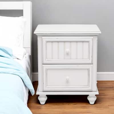 HomeRoots 28" White Solid Wood Distressed Two Drawer Nightstand With USB Port