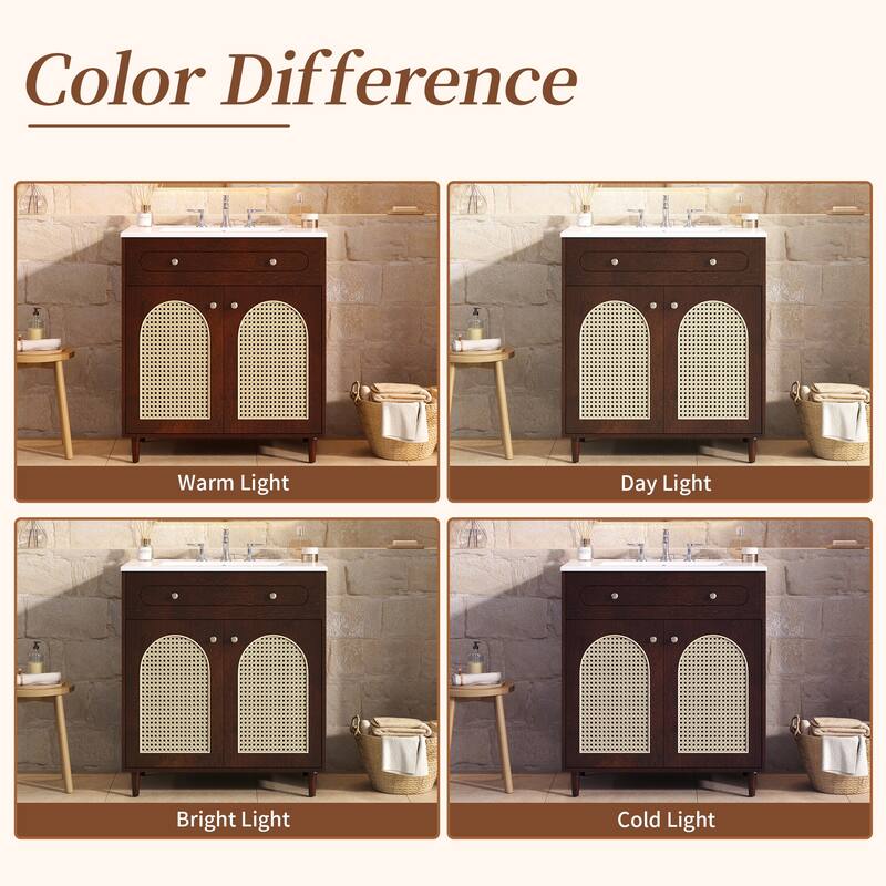 30" Bathroom Vanity with Ceramic Sink - Solid Wood Frame Cabinet with Adjustable Shelf, Tip-Drawer & Rattan Panels