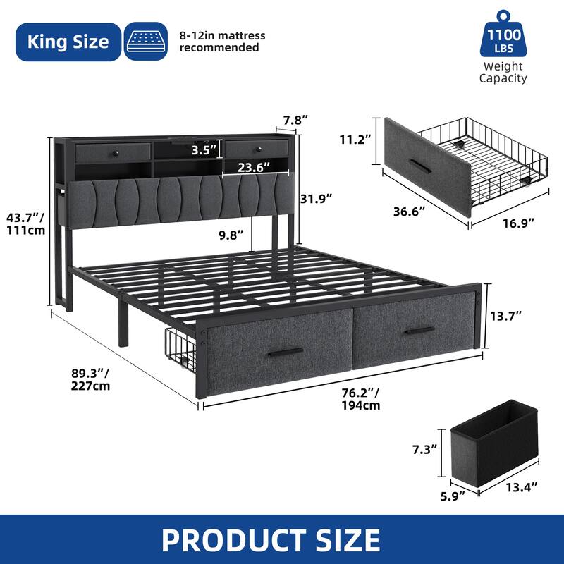 Moasis Linen Upholstered Platform Bed, Bed Frame with Hidden Storage Headboard and Charging Station