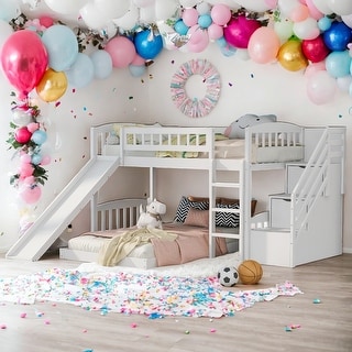Stairway Twin over Twin Bunk Bed with Two Drawers and Slide, White