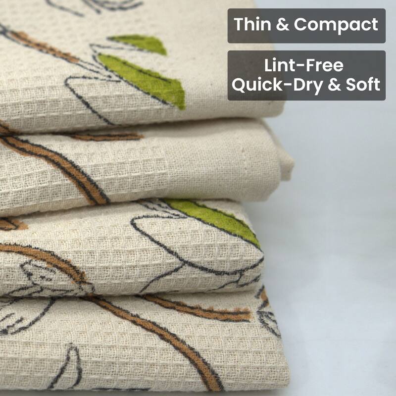 Fabdivine Honeycomb or Waffle Weave Hand Block Floral Print Hand Towel, Kitchen Gift Use - Shivri- Dark Brown, Light Green - Set of 4